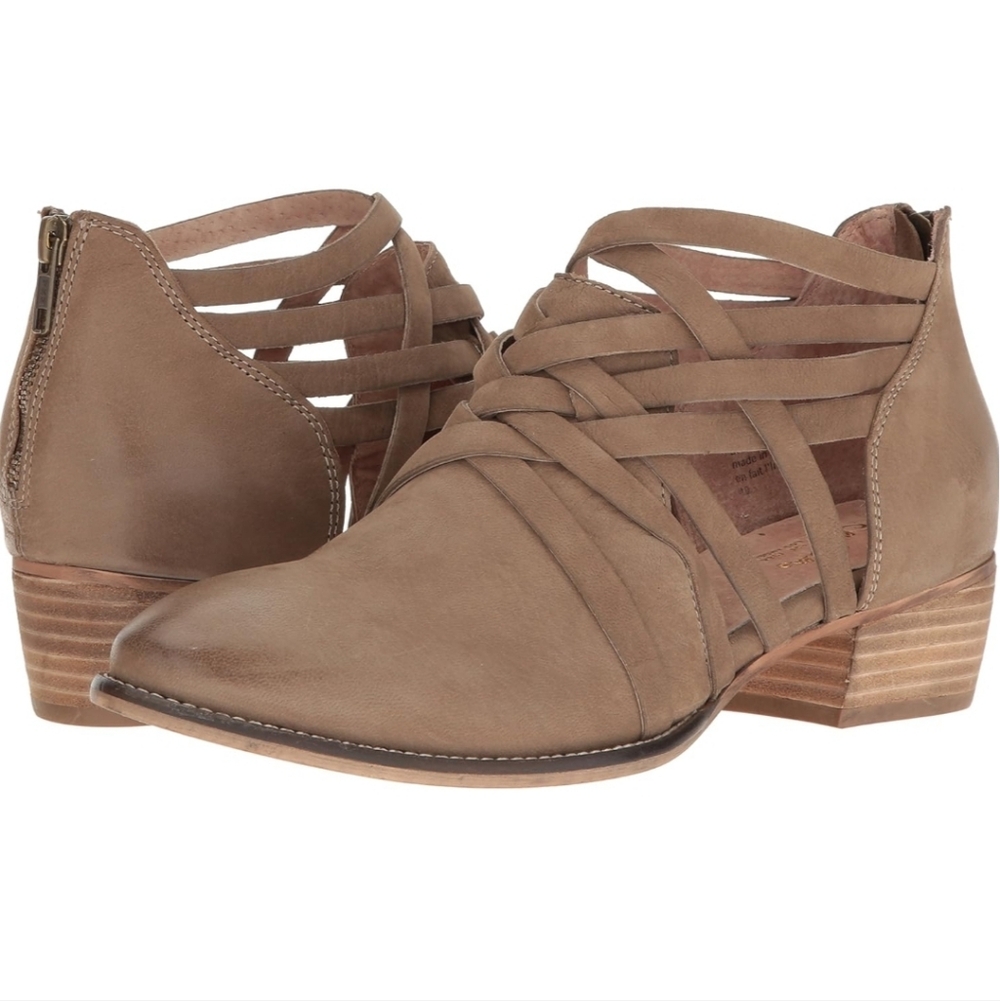 Anthropologie Seychelles So Blue Leather Booties Taupe Strappy Shooties 6
